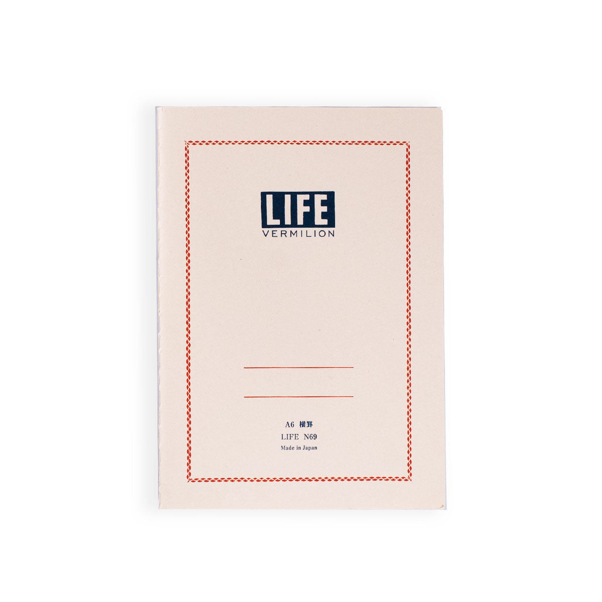 Minimalist A6 notebook with a cream-colored cover, featuring a red decorative border, bold ‘LIFE Vermilion’ title at the top, and space for labeling on the front