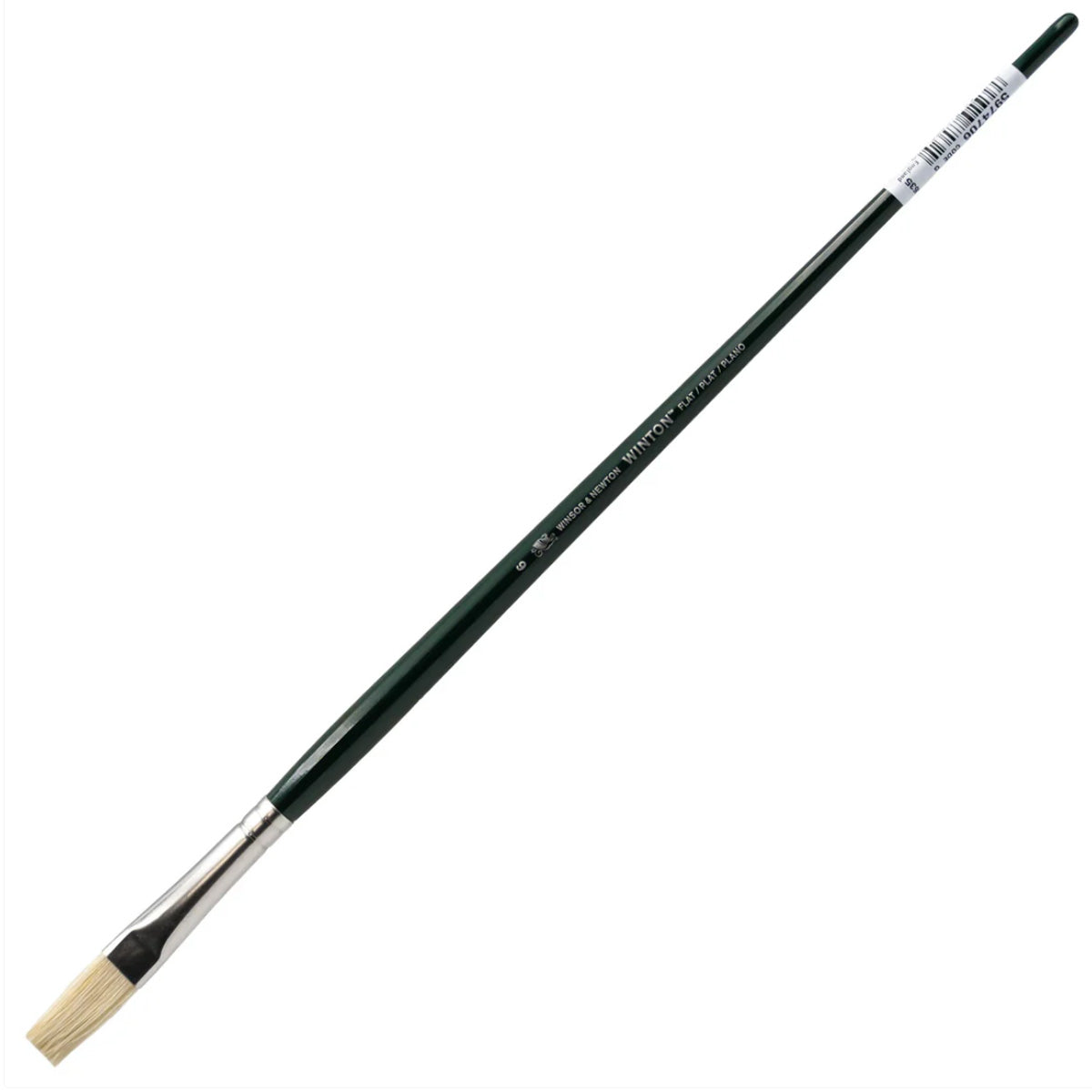 Paintbrush with green handle and white bristle head on a white background