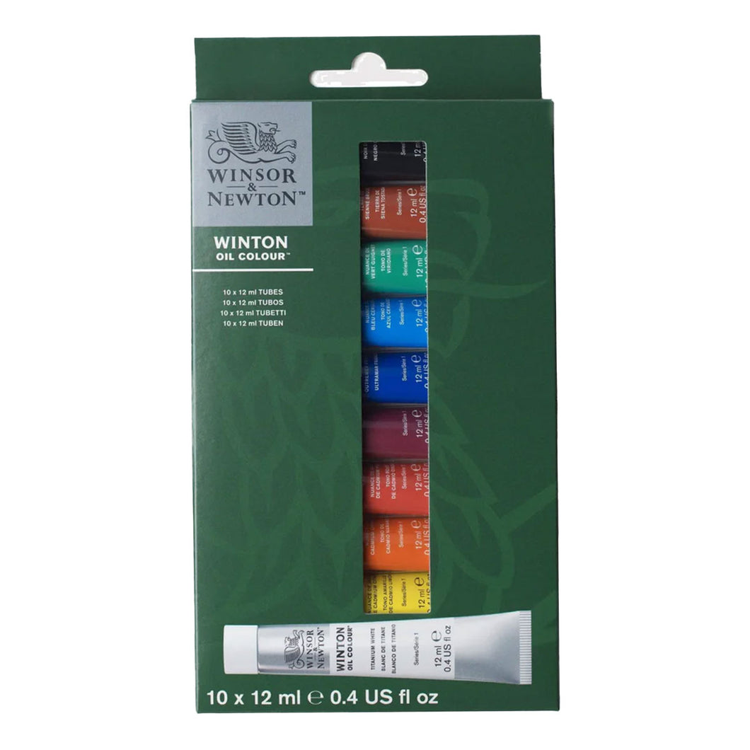 Winsor & Newton Winton oil paint set packaging with visible paint tubes.