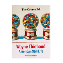 Load image into Gallery viewer, Cover of &#39;American Still Life&#39; postcard set by Wayne Thiebaud featuring gumball machines.
