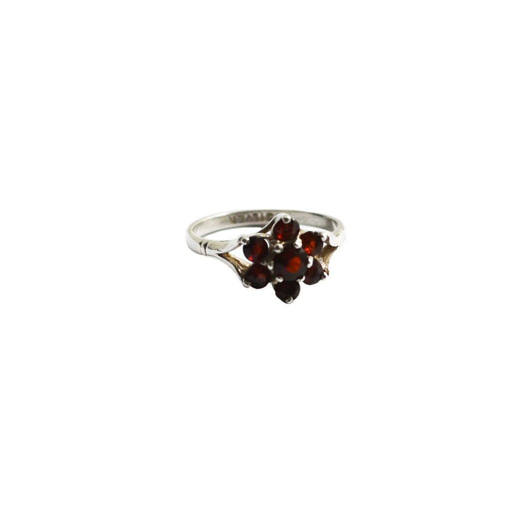 Vintage Silver Ring Red Cubic Zirconia Floral Cluster