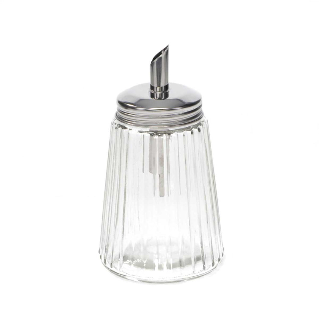 Clear glass container with a silver lid on a white background