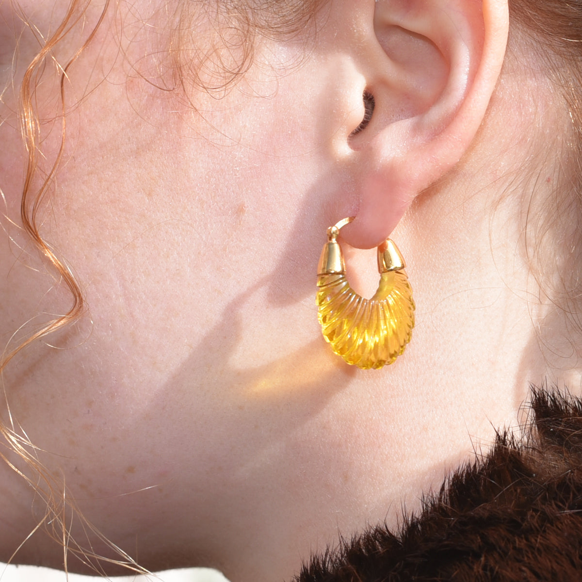 Earrings gold hoop yellow glass