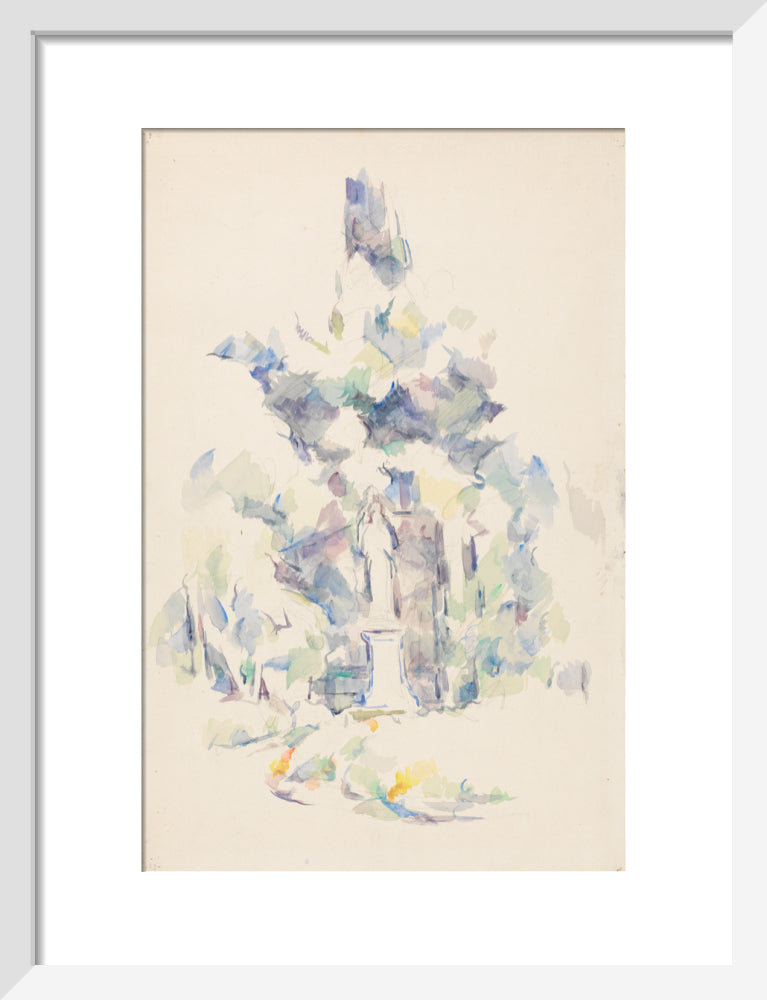 Statue under trees (art print, small, white)