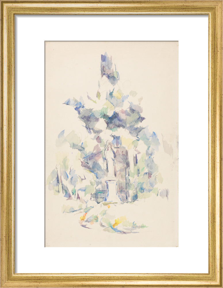 Statue under trees (art print, small, gold)