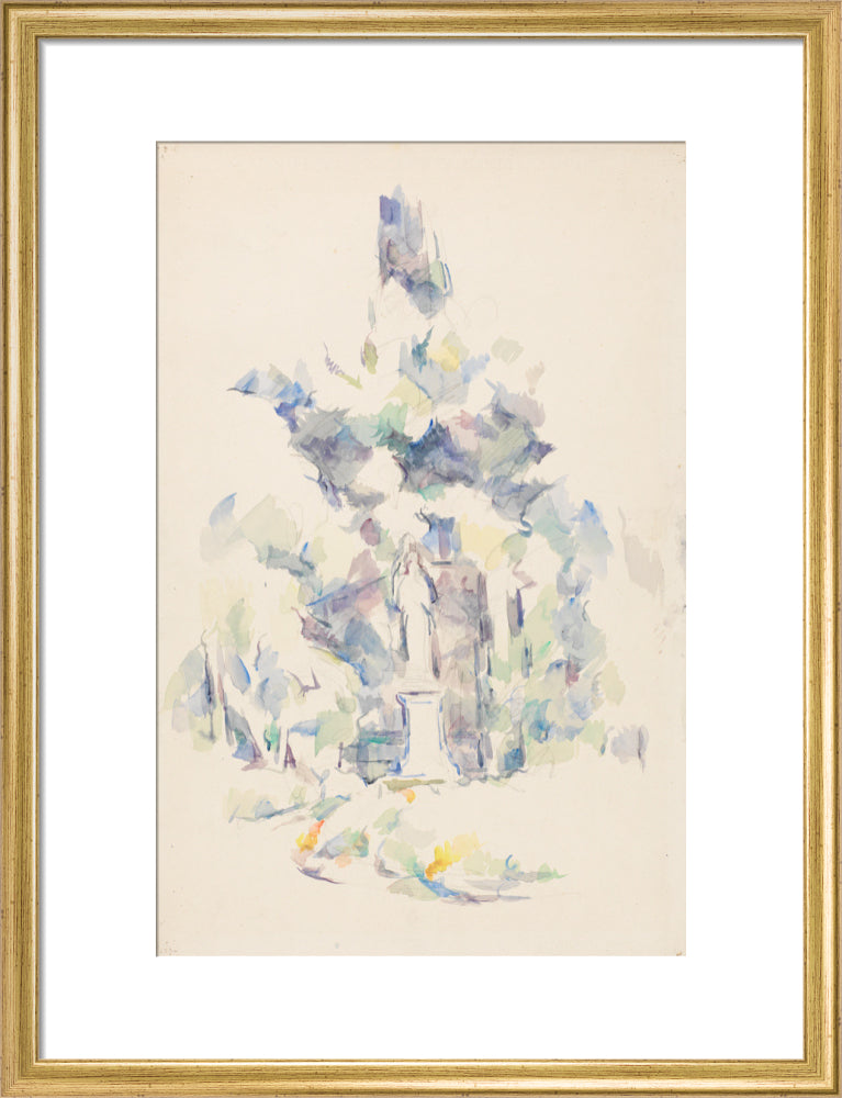 Statue under trees (art print, medium, gold)
