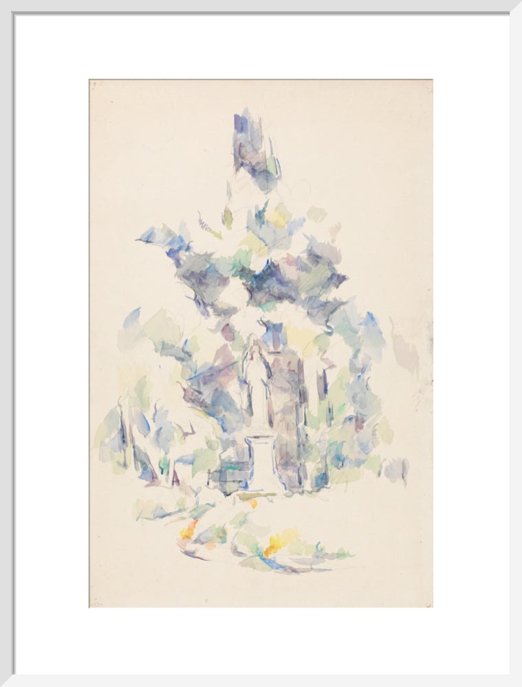 Statue under trees (art print, large, white)
