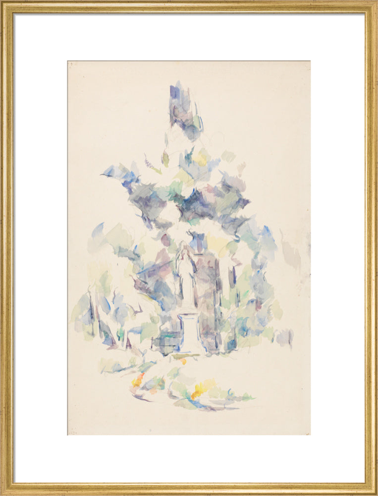 Statue under trees (art print, large, gold)