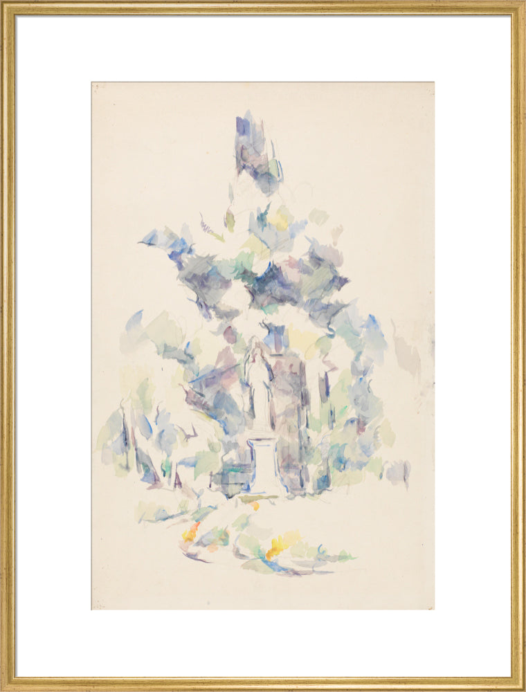 Statue under trees (art print, extra large, gold)