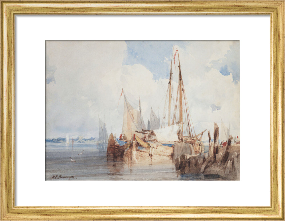 Richard Parkes Bonington, Fishing Boats Moored in an Estuary (art print, small, gold)