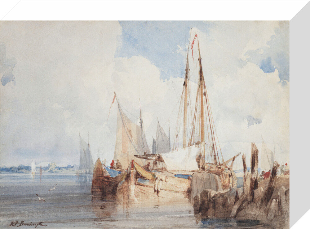 Richard Parkes Bonington, Fishing Boats Moored in an Estuary (stretched canvas, small, unframed)