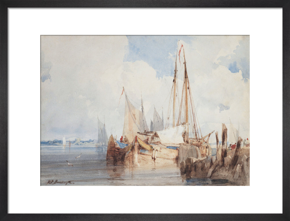 Richard Parkes Bonington, Fishing Boats Moored in an Estuary (art print, medium, black)