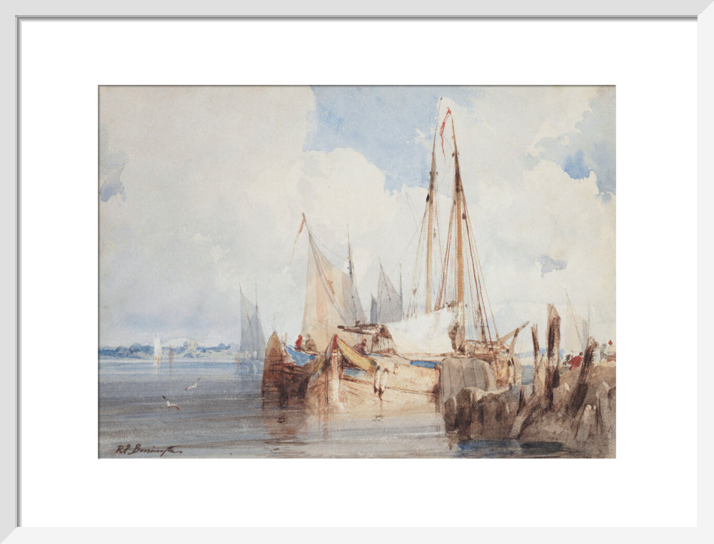 Richard Parkes Bonington, Fishing Boats Moored in an Estuary (art print, medium, white)