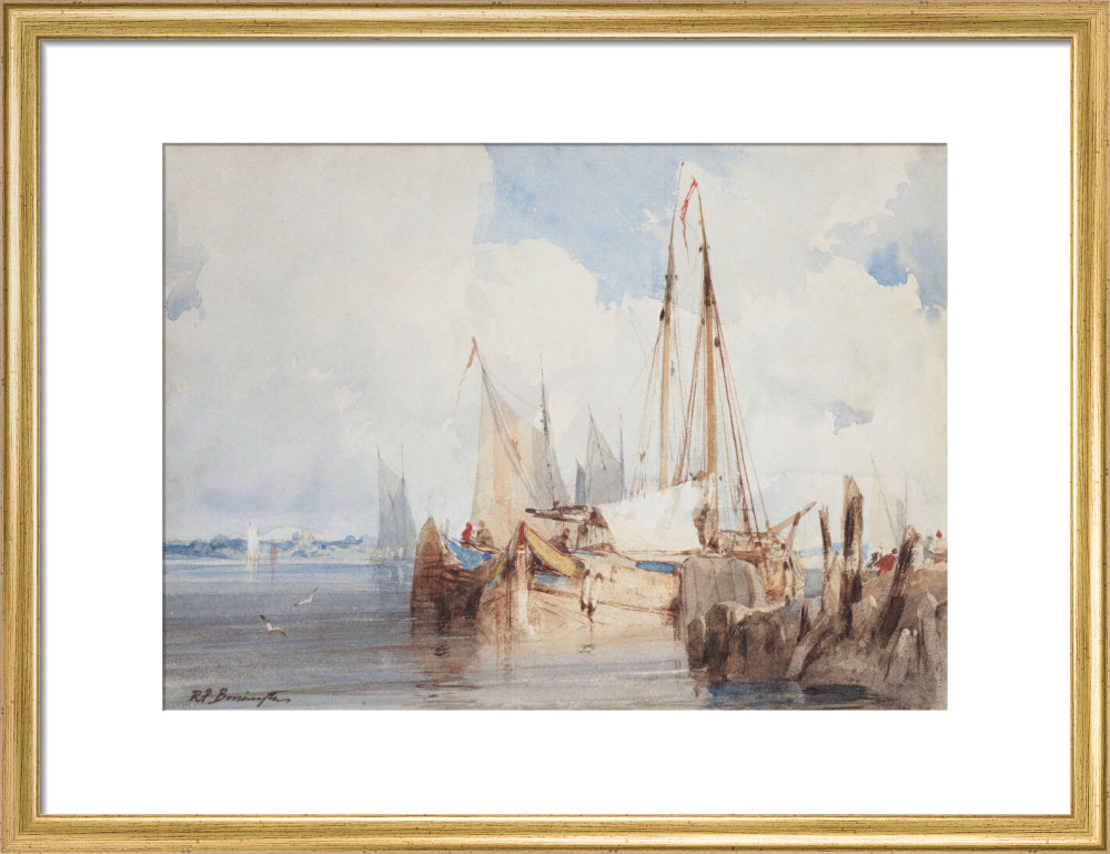 Richard Parkes Bonington, Fishing Boats Moored in an Estuary (art print, medium, gold)
