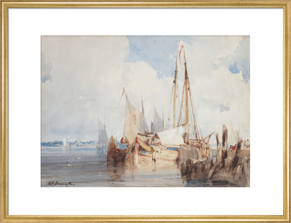 Richard Parkes Bonington, Fishing Boats Moored in an Estuary (art print, large, gold)