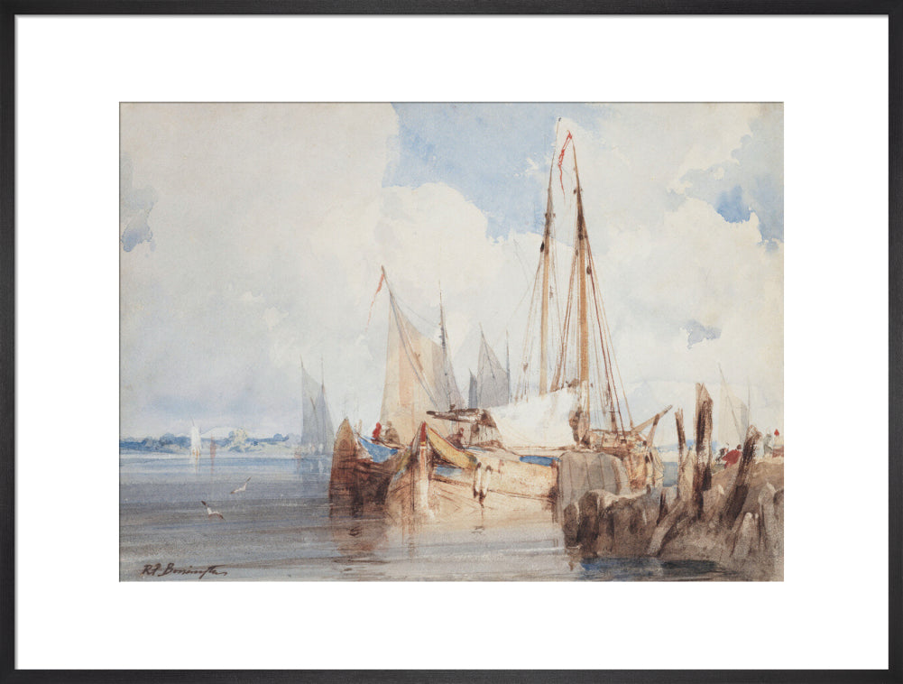 Richard Parkes Bonington, Fishing Boats Moored in an Estuary (art print, extra large, black)