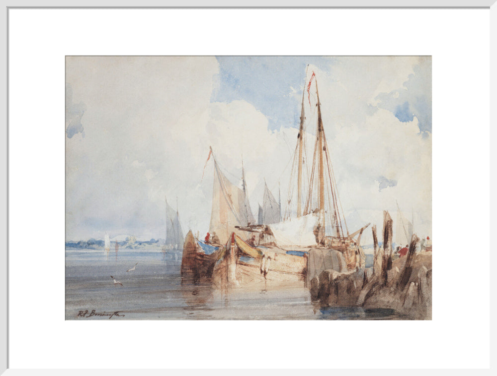 Richard Parkes Bonington, Fishing Boats Moored in an Estuary (art print, extra large, white)