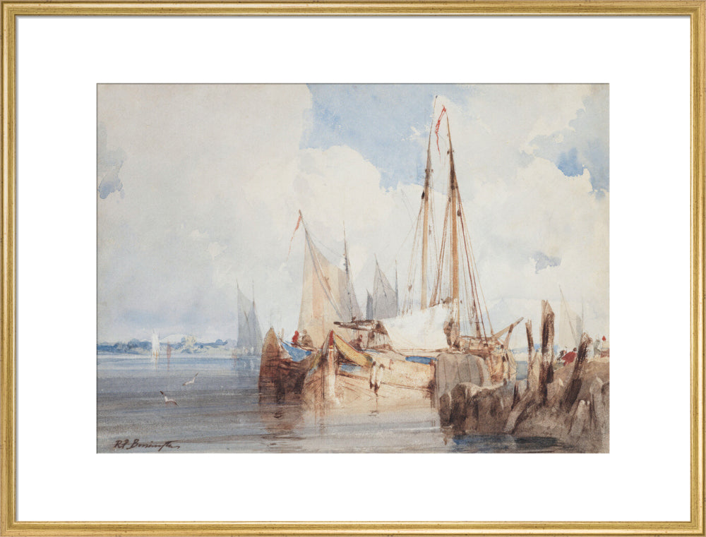 Richard Parkes Bonington, Fishing Boats Moored in an Estuary (art print, extra large, gold)