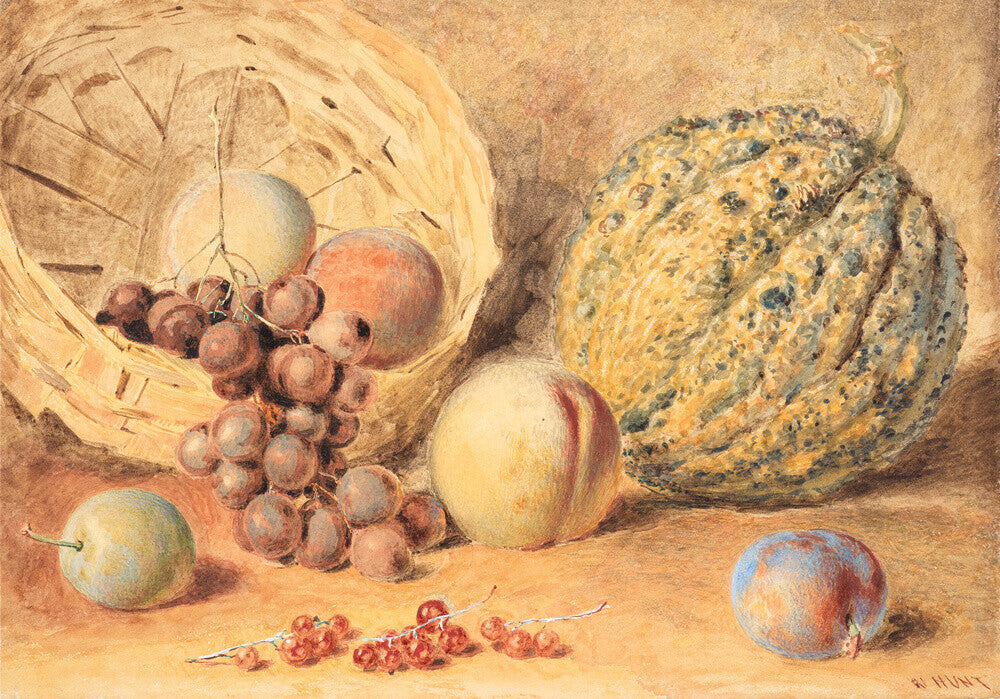 Basket with melon, peaches, grapes and plums