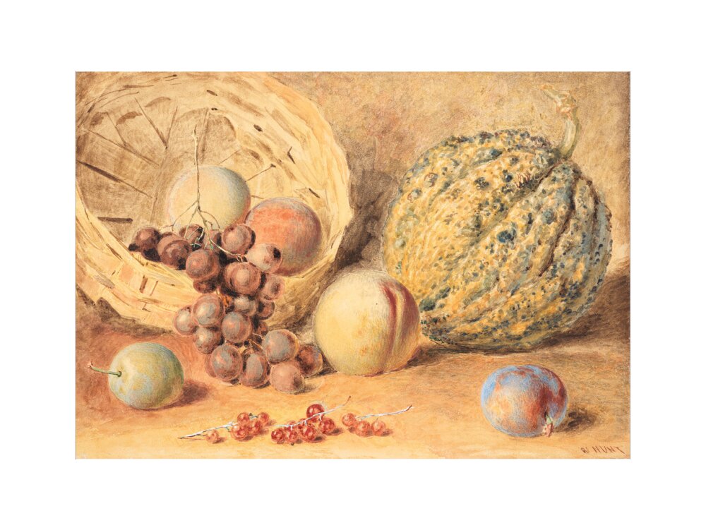 Basket with melon, peaches, grapes and plums (art print, large, unframed)