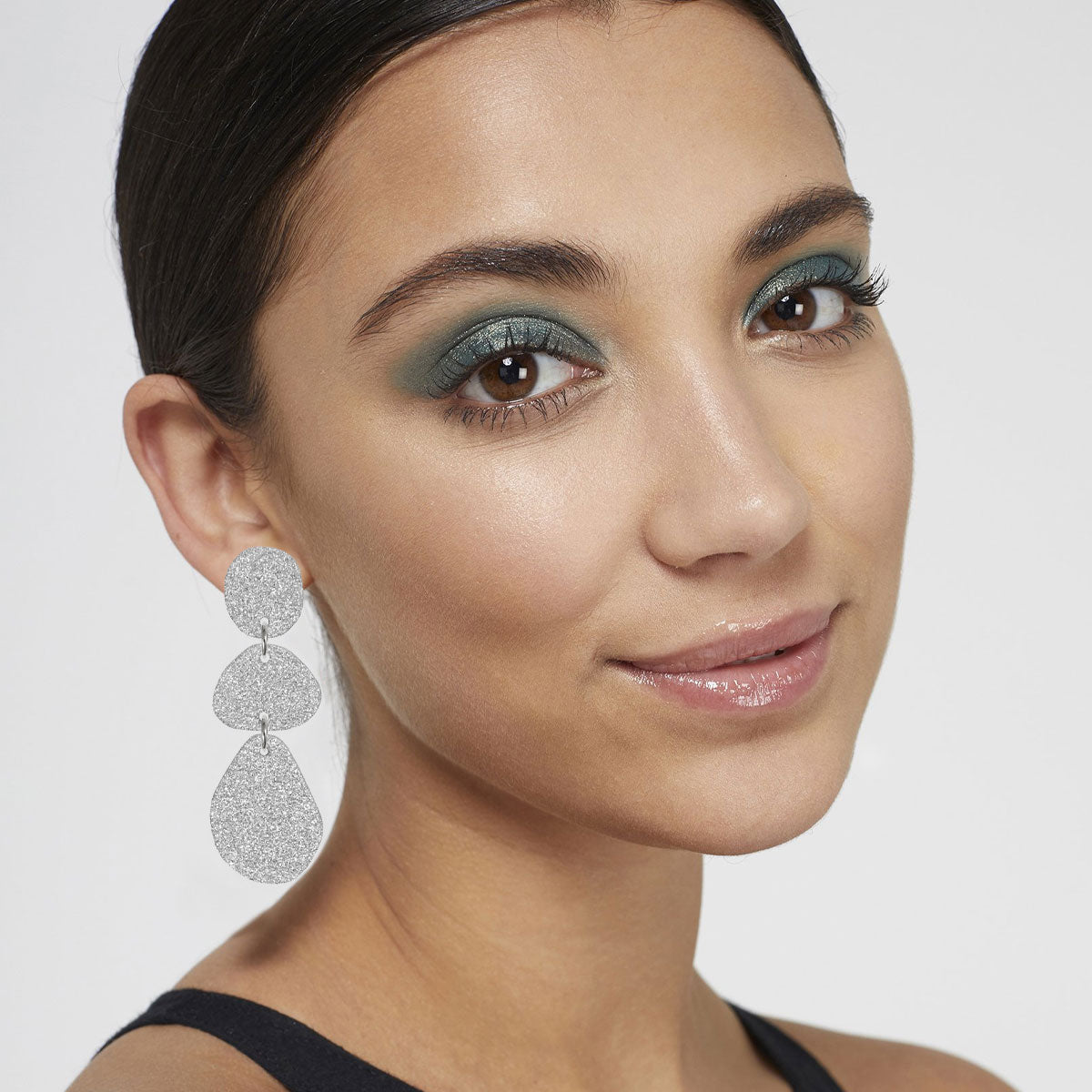Triple Glitter Drop Earrings Silver