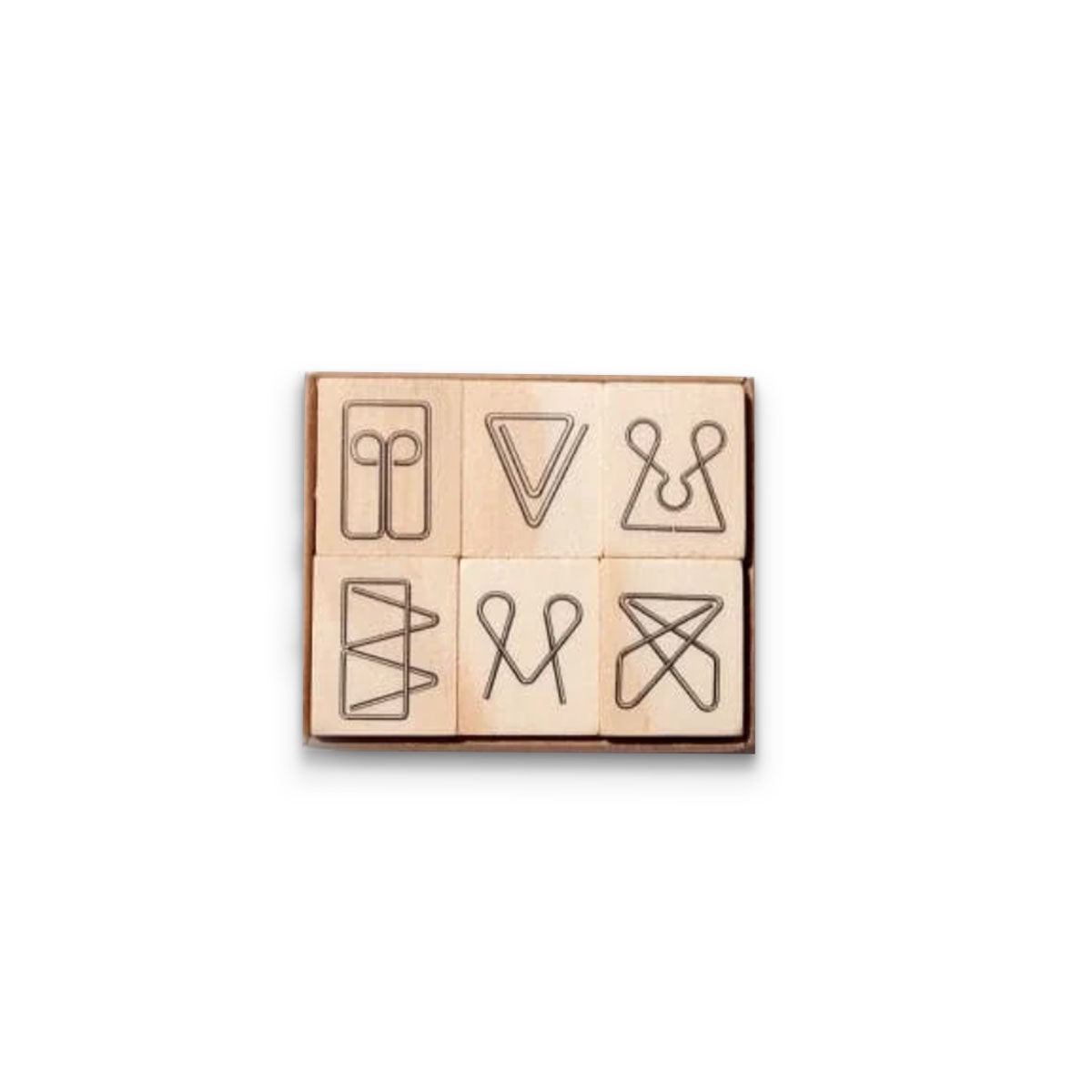Set of wooden stamps with geometric designs on a white background