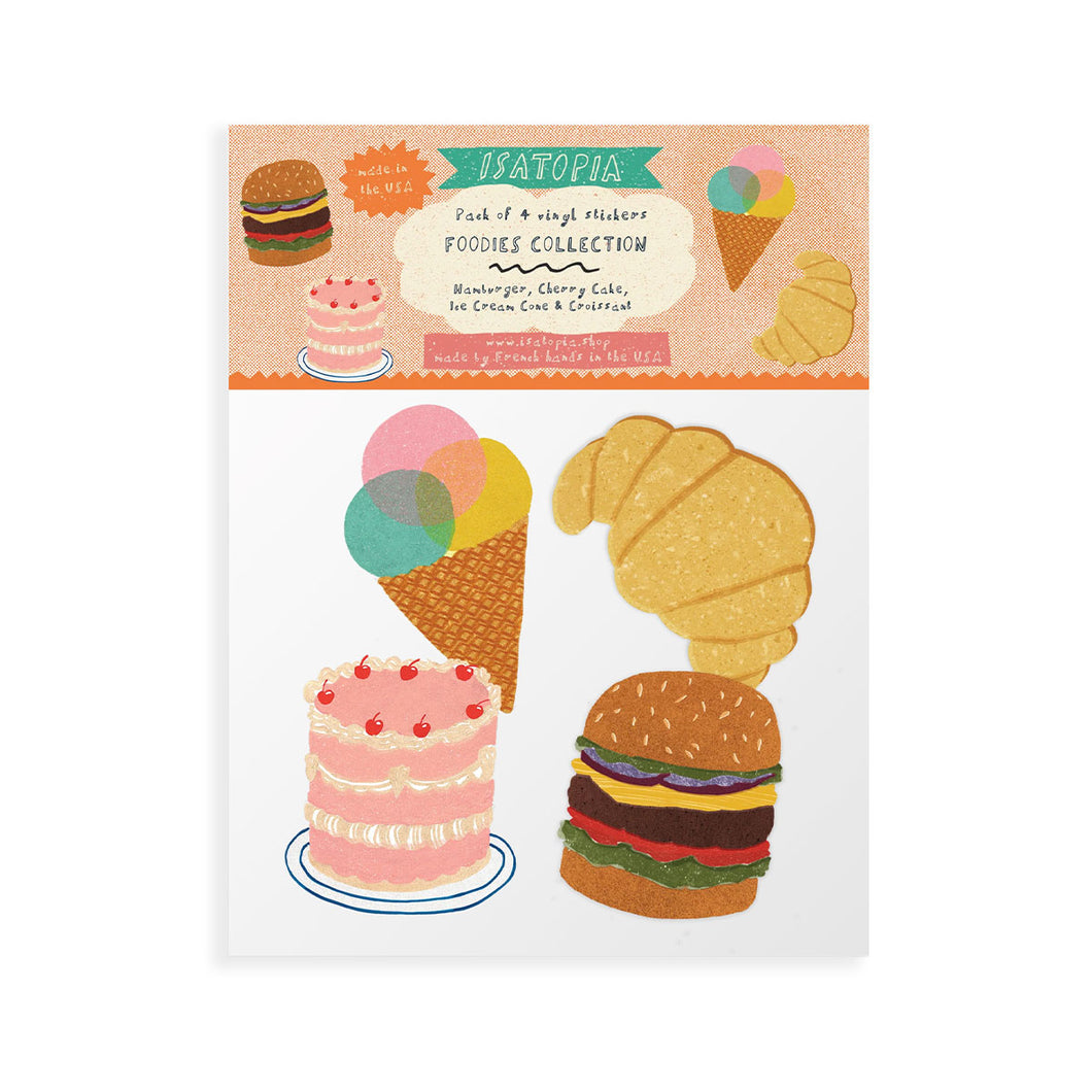 Pack of stickers featuring a cake, ice cream, and hamburger on a white background.