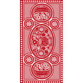 Decorative red and white tablecloth with intricate geometric and floral patterns throughout the design on a white background