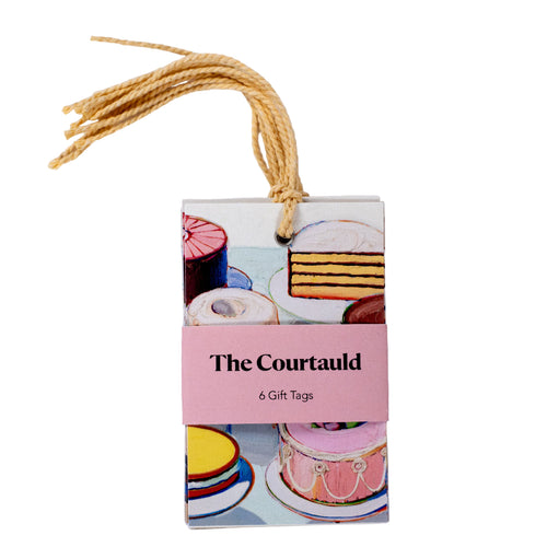 Pack of 'The Courtauld' gift tags with colorful illustrations on a white background