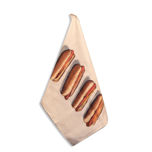 Triangular napkin with hot dog illustrations on a white background