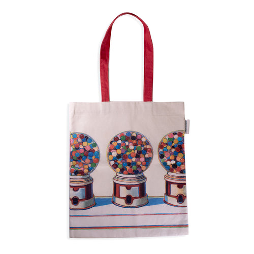 Tote bag with gumball machine design on a white background