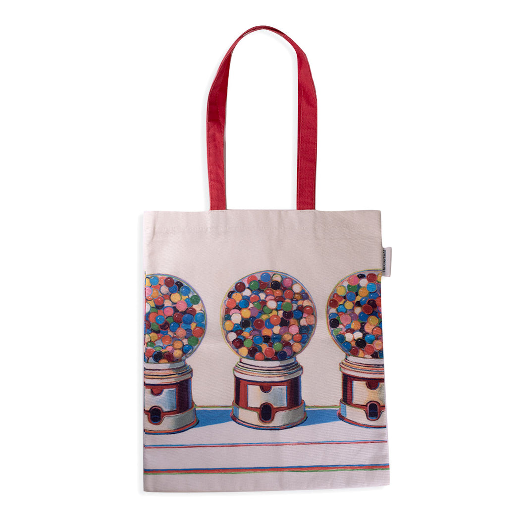 Tote bag with gumball machine design on a white background