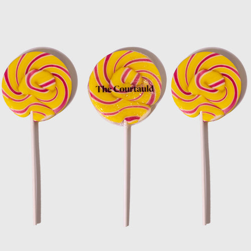 Three yellow and pink lollipops on sticks with 'The Courtauld' logo in the center.