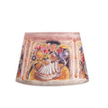 Painted design by Jane McCall: lampshade with floral design and warm colour pastel hues on a white background