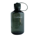 A dark green translucent Courtauld water bottle with a black ribbed cap and carrying loop, shown on a plain white background.