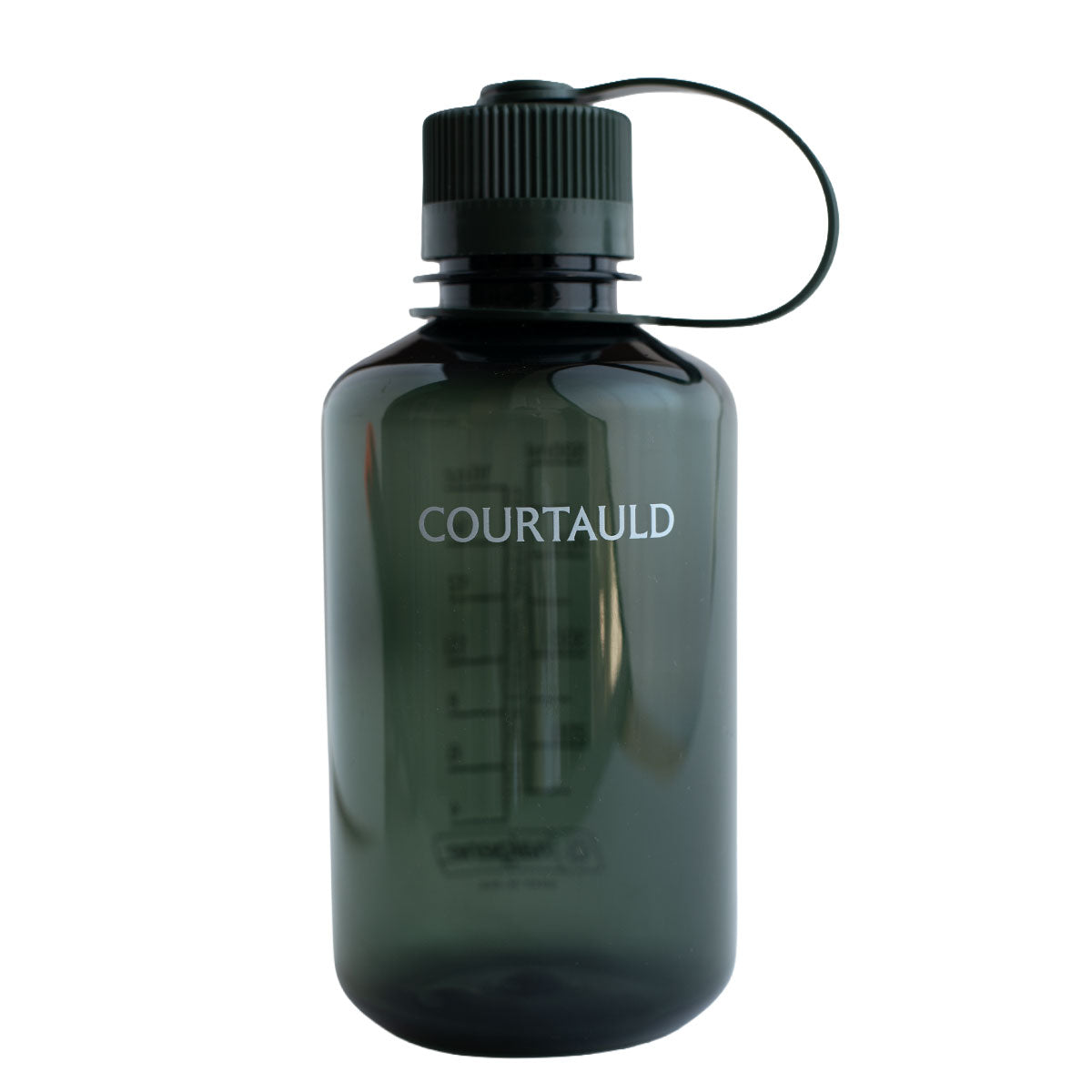A dark green translucent Courtauld water bottle with a black ribbed cap and carrying loop, shown on a plain white background.