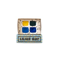 Matchbox sized watercolour palette with yellow, blue, and black shades in a branded box on a white background