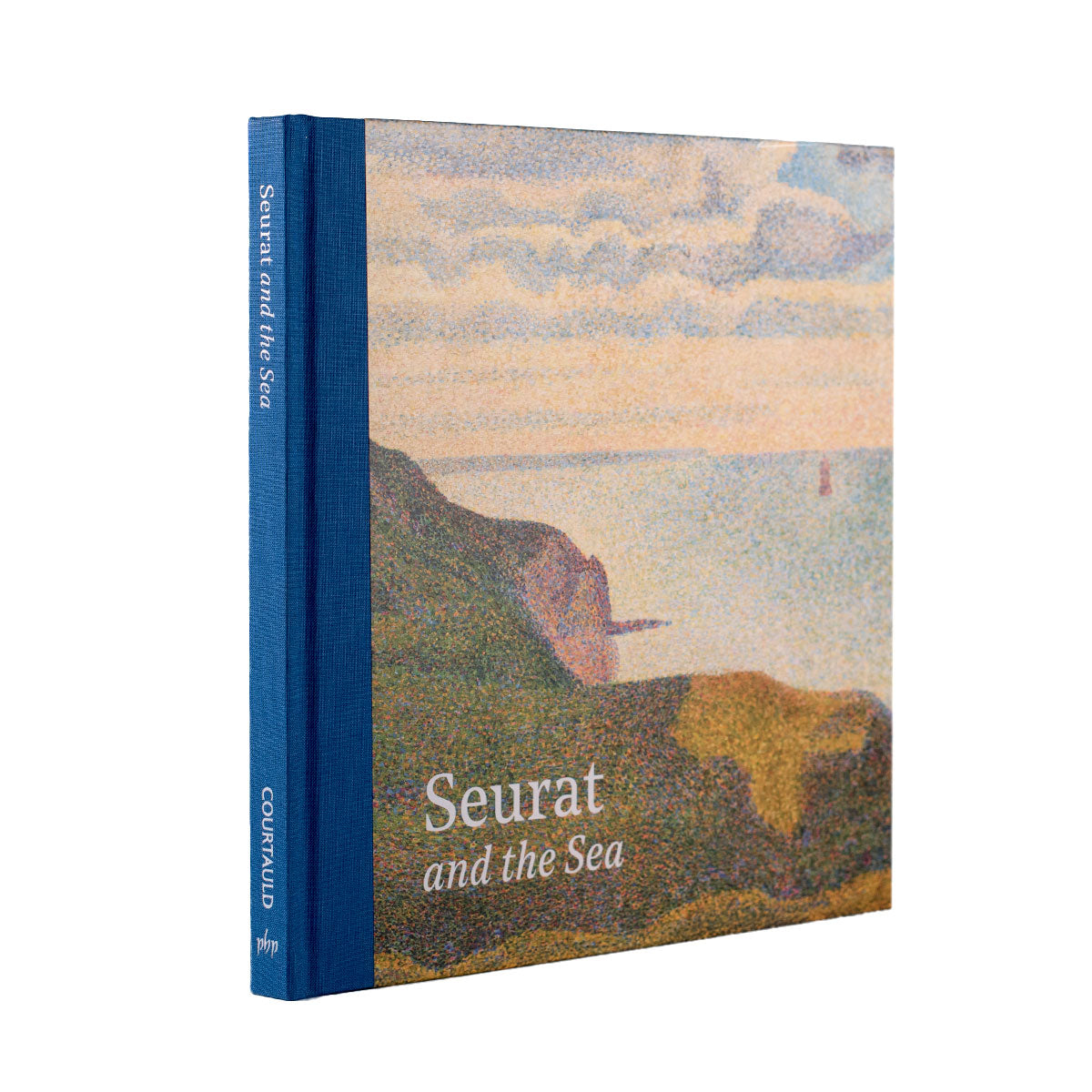 Book cover with a scenic illustration of a coastal landscape and blue spine.