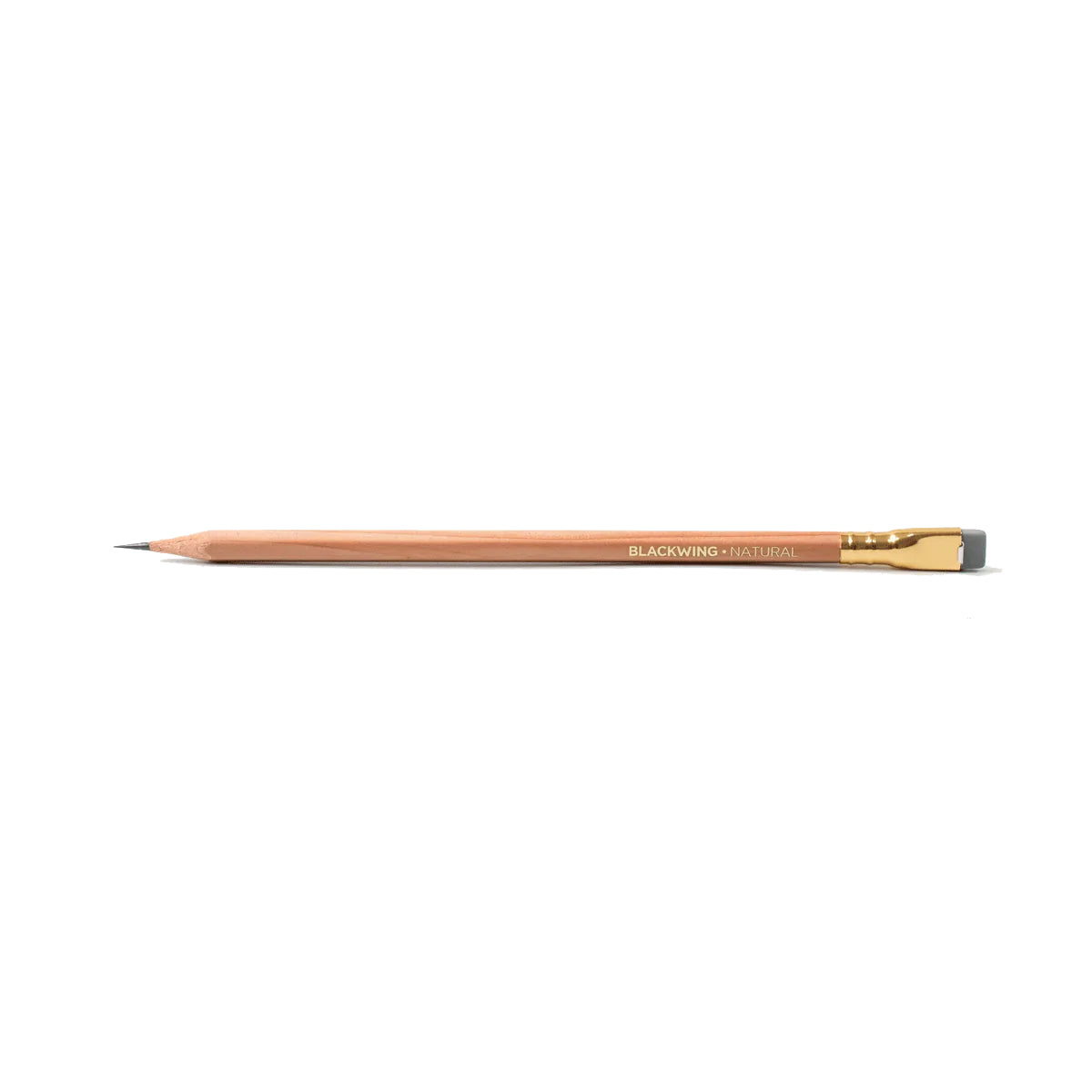 A single Blackwing pencil with a natural finish, iconic square Blackwing ferrule, and grey eraser against a white background.