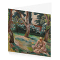 A greeting card featuring a painting with a seated woman in a garden, with trees and flowers in the background.