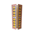 A tall foldable greeting card with geometric patterns, predominantly yellow circles, on the front flap. The card is standing upright against a plain background.